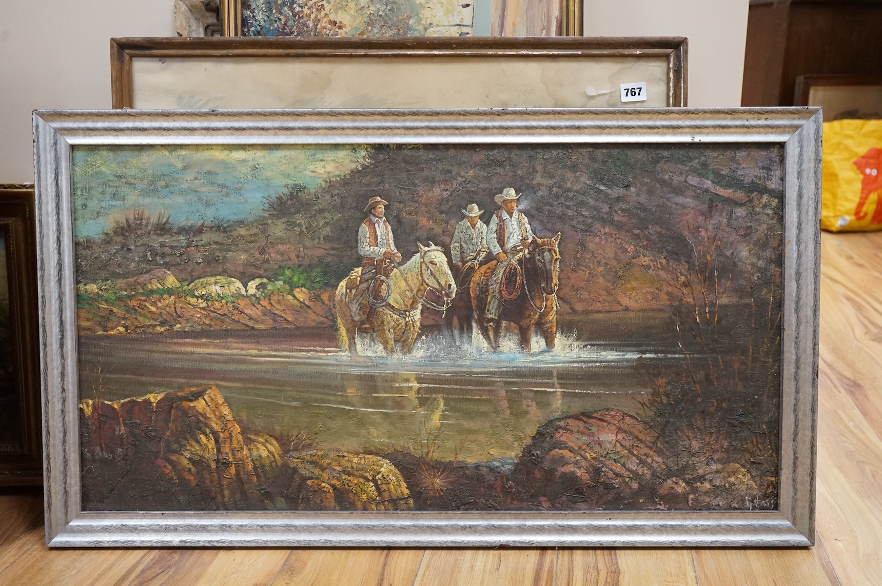American School, Riverscape with western riders, impasto oil on board, 45 x 85cm